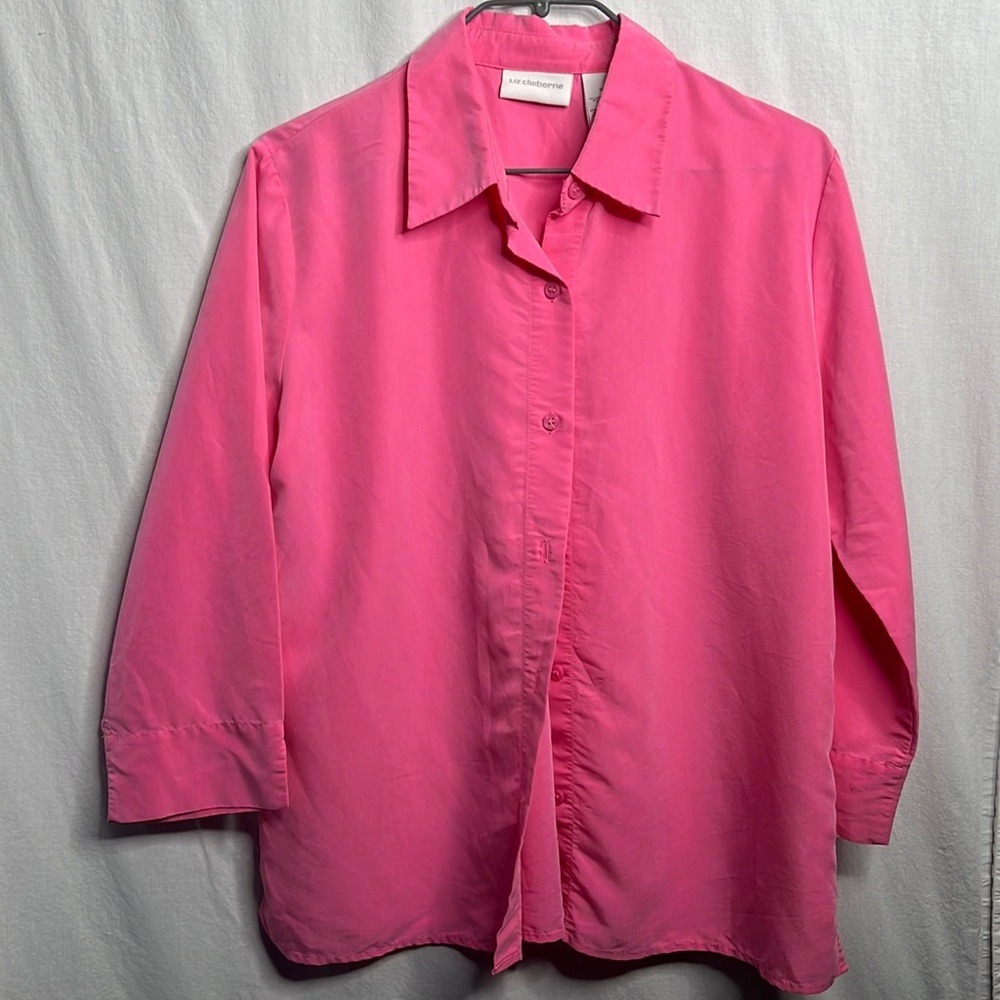 Hot Pink Liz Claiborne 3/4 sleeve collared button-up flowy top